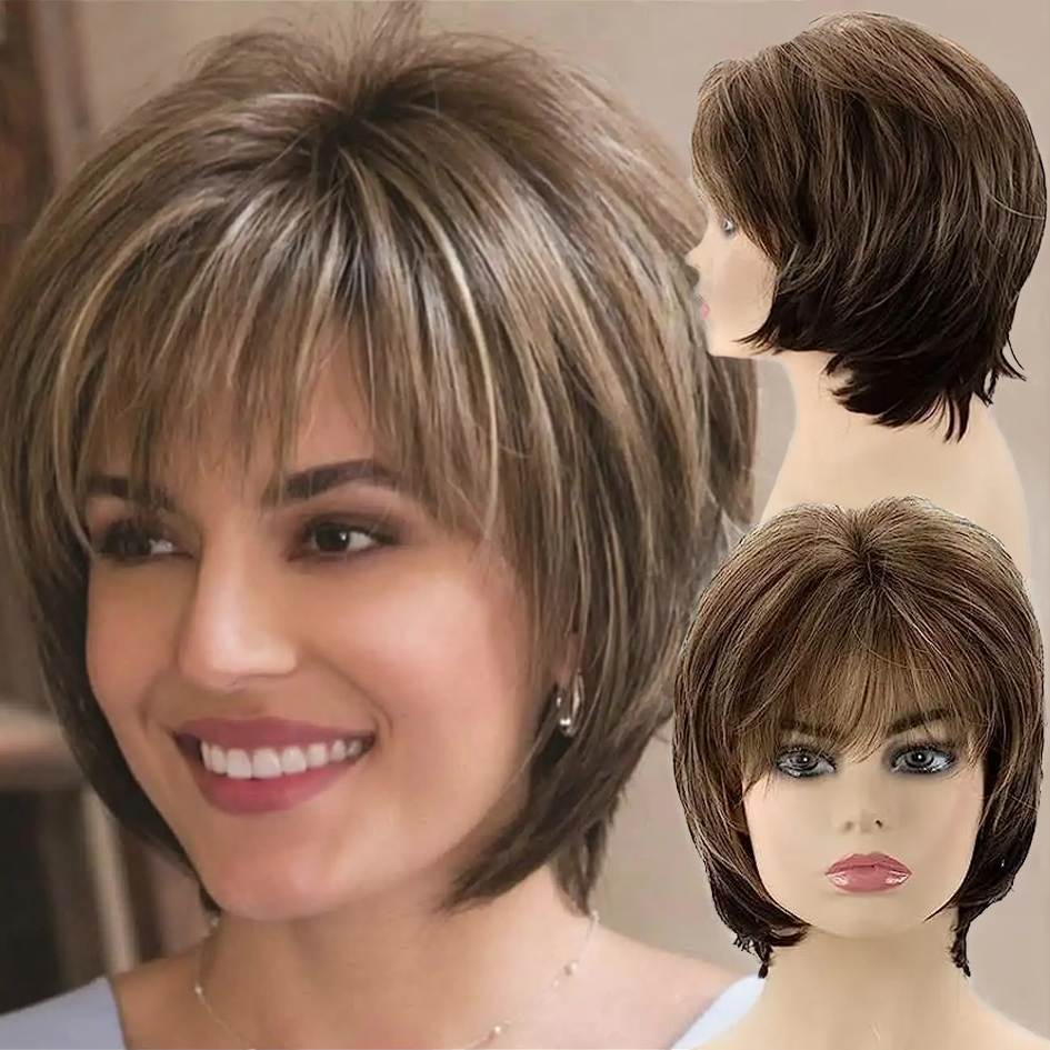 Marrom curto para mulheres brancas corte pixie em camadas com destaques loiros cabelo sintético de aparência natural wit
