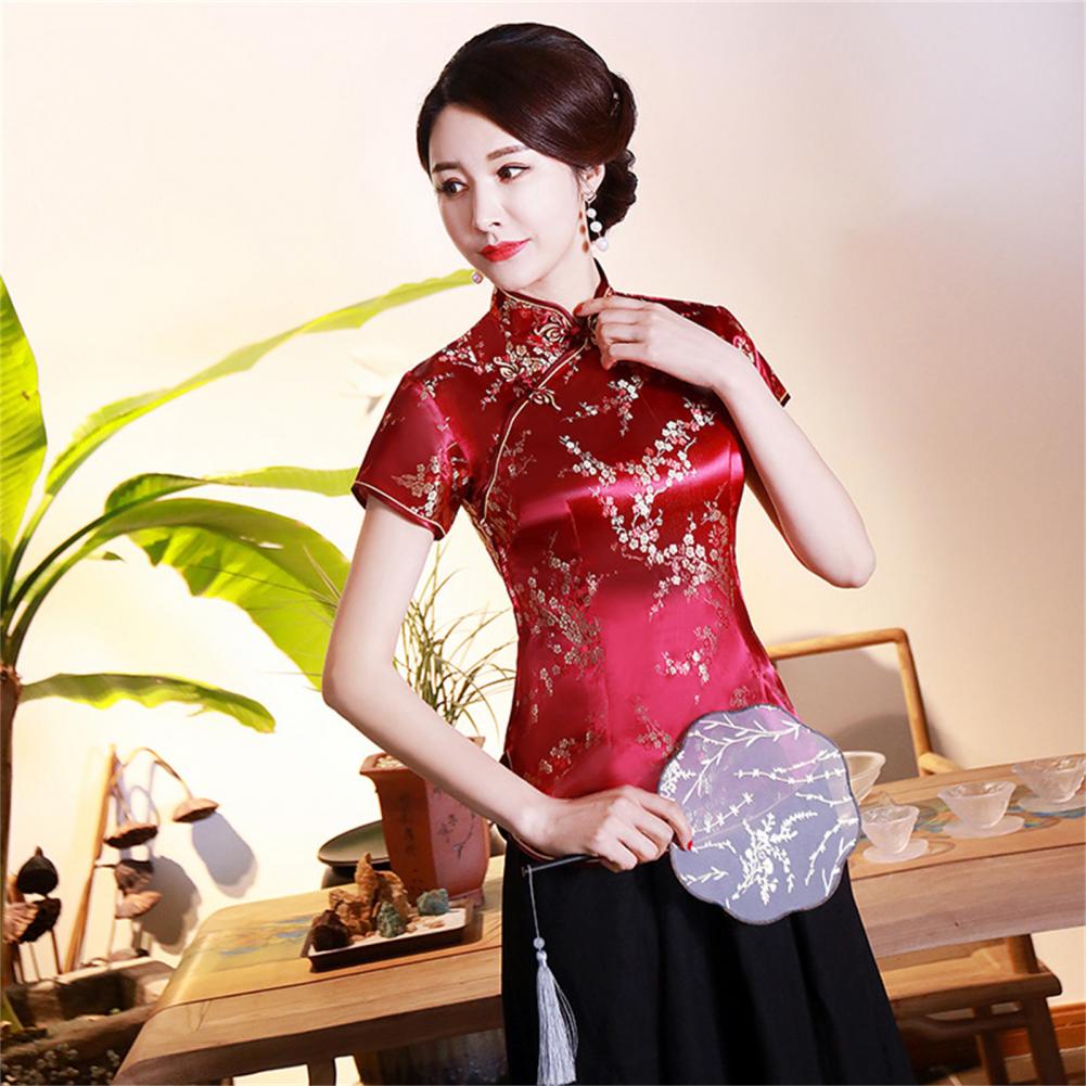 Kemeja Cheongsam wanita, gaya Cina motif Plum musim panas kerah berdiri gesper Cheongsam atasan pernikahan perjamuan Prom blus wanita