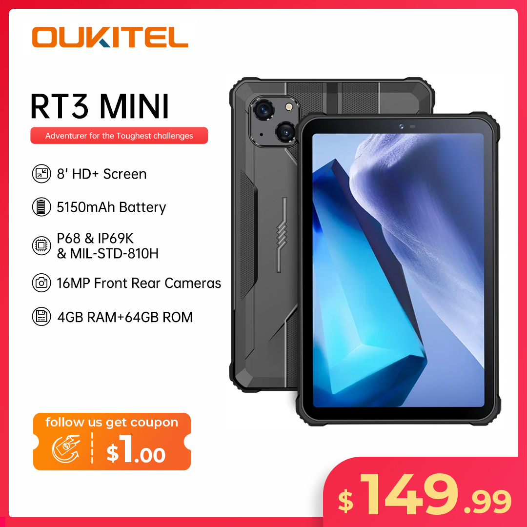 Oukitel-Mini tableta rugosa RT3 de 8 pulgadas, HD + 5150 mAh, 4GB + 64GB, Android 12, Helio P22 Mtk, cámara de 16MP