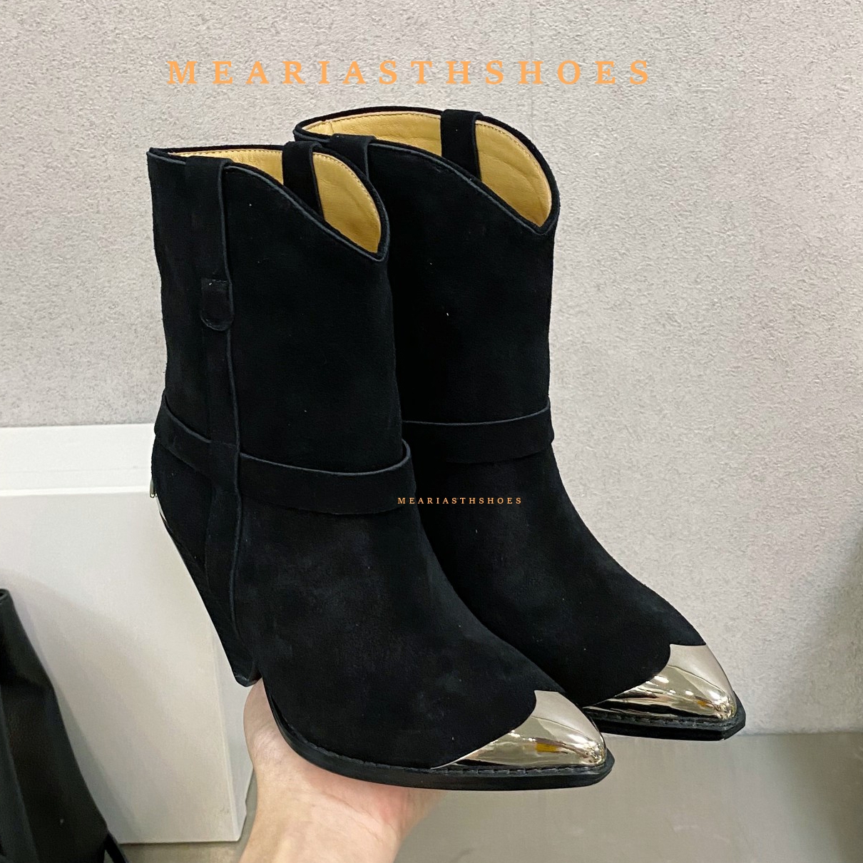 Botas de caballero con punta de Metal para mujer, botas cortas elegantes de piel de ante auténtica, zapatos de tacón extraño para mujer, botas sin cordones a media pantorrilla