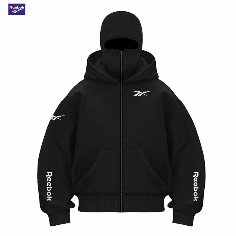 Reebok Men's New Fall/Winter Double-Pocket Hooded Sweater with Face Mask and Zipper Sports Outfit - Loose and Comfortable to Wea