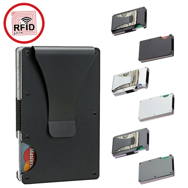 Cartera con tarjetero minimalista con bloqueo ANTI RFID para hombre, minibilletera delgada de moda 2025, billetera de metal con clip para billetes para unisex