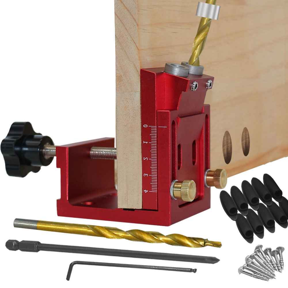 Pocket Hole Jig, houten jigsysteem met twee gaten, boorgeleider en stappenboor en houten pluggen en schroeven voor schrijnwerk
