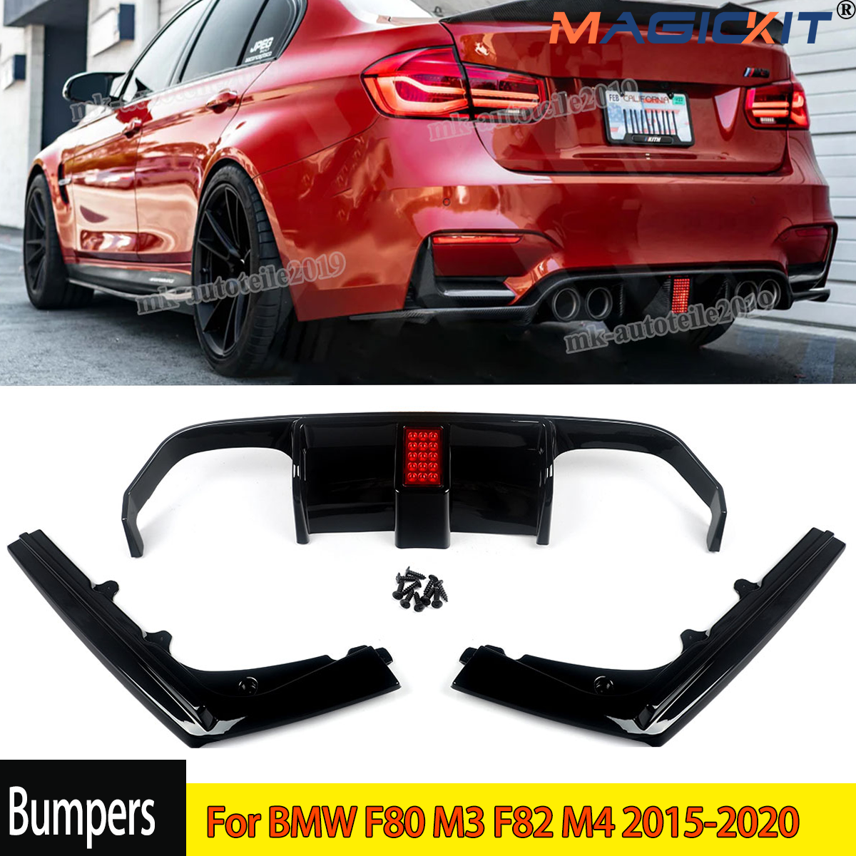 F80 F82 V-Stil Heckstoßstangendiffusor mit LED-Licht für BMW M3 F80 M4 F82 F83 2014–2020 Heckseitensplitter Spoilerlippe Schwarz