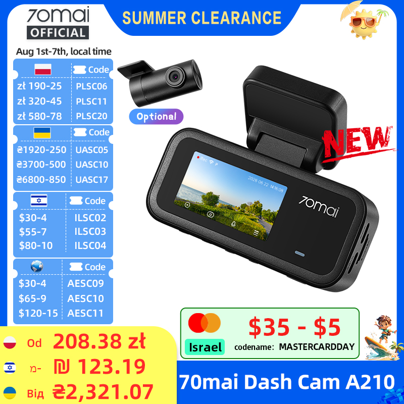 γNewγ70mai A210 Dash Cam 1080P HDR Night Vision Support Dual-Channel Supercapacitor Built-in GPS Wi-Fi6 24H Parking Surveillance