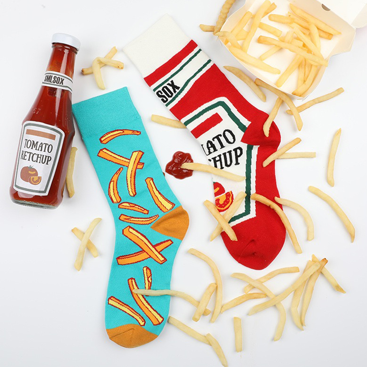 1 paire unisexe drôle AB Style tomate Ketchup friture imprimé mi-mollet chaussettes costume en toutes les saisons