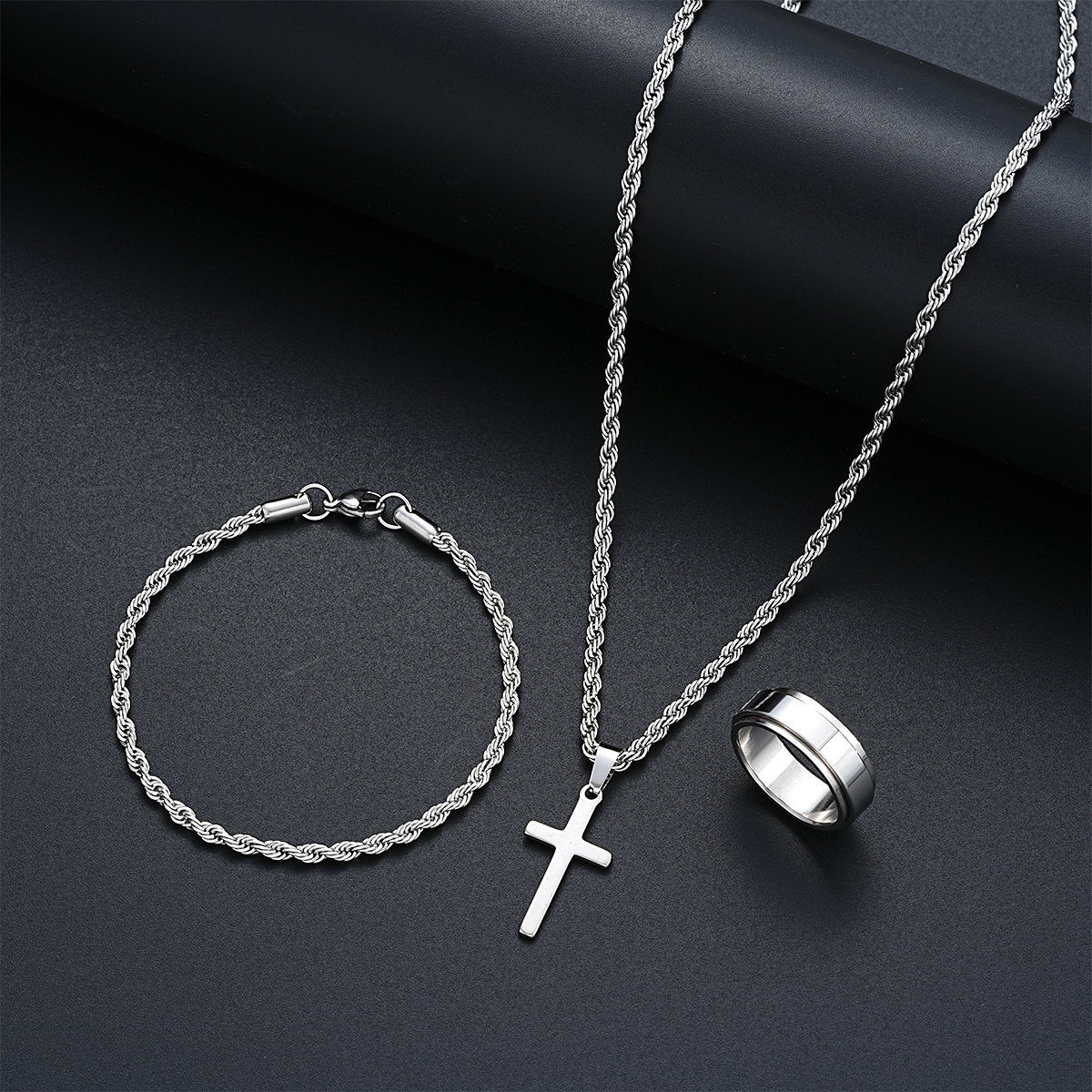 Set perhiasan untuk pria wanita, Stainless Steel sederhana perhiasan Set untuk pria wanita Mode Warna Perak liontin salib tali memutar kalung gelang cincin hadiah