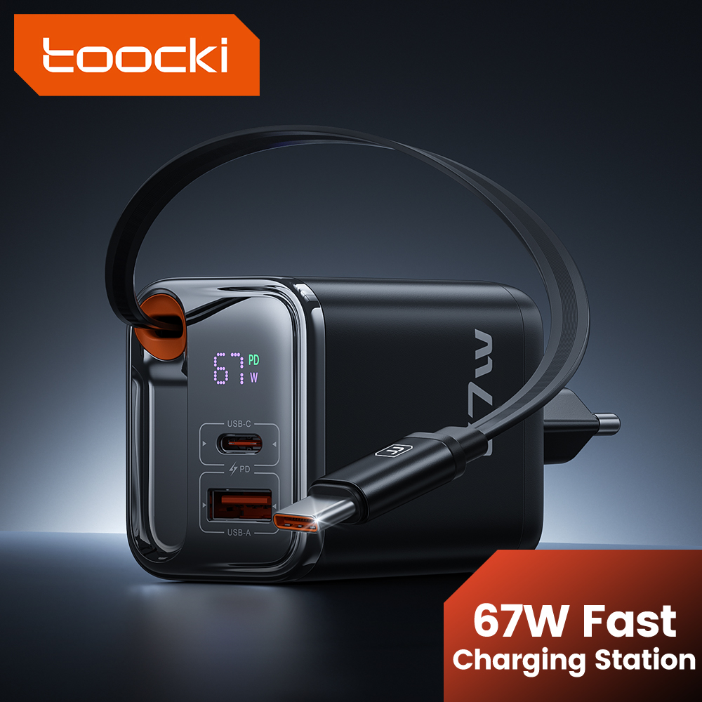 Ładowarka Toocki 67W GaN z wysuwanym kablem Type-C, cyfrowym wyświetlaczem, szybka ładowarka PPS PD3.0 do iPhone 17 16 Samsung S25 S24