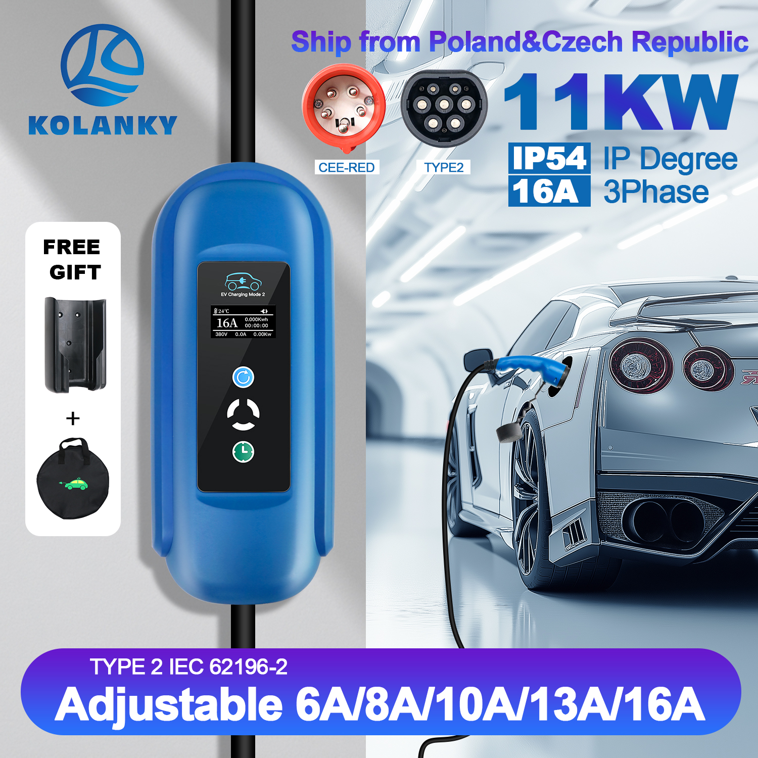 Kolanky-cargador portátil para coche eléctrico, caja de carga EVSE, 11KW, 16A EV, tipo 2, enchufe CEE, IEC62196-2, con Cable de 5M