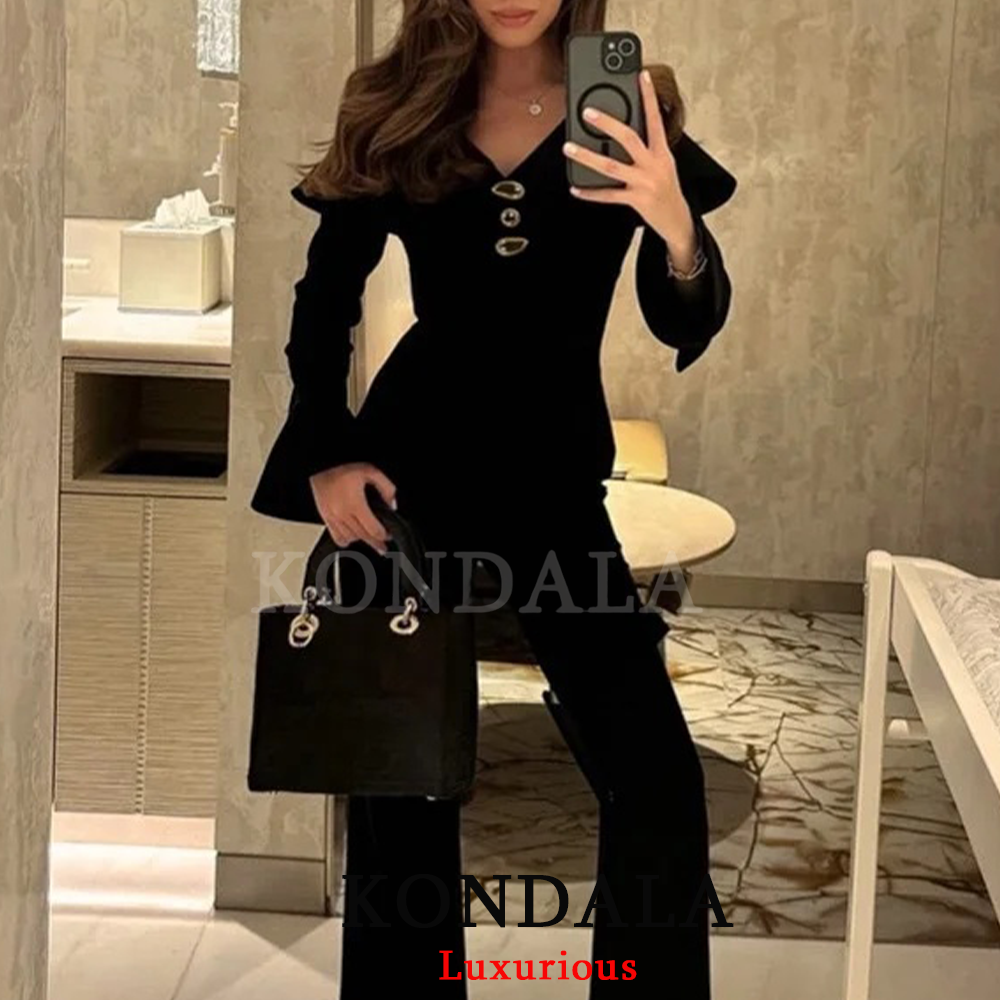 KONDALA Elegant Party Chic Women Pants Suit Solid Long Sleeve Button Slim Top Long Flare Pants New Fashion 2026 Spring Suit