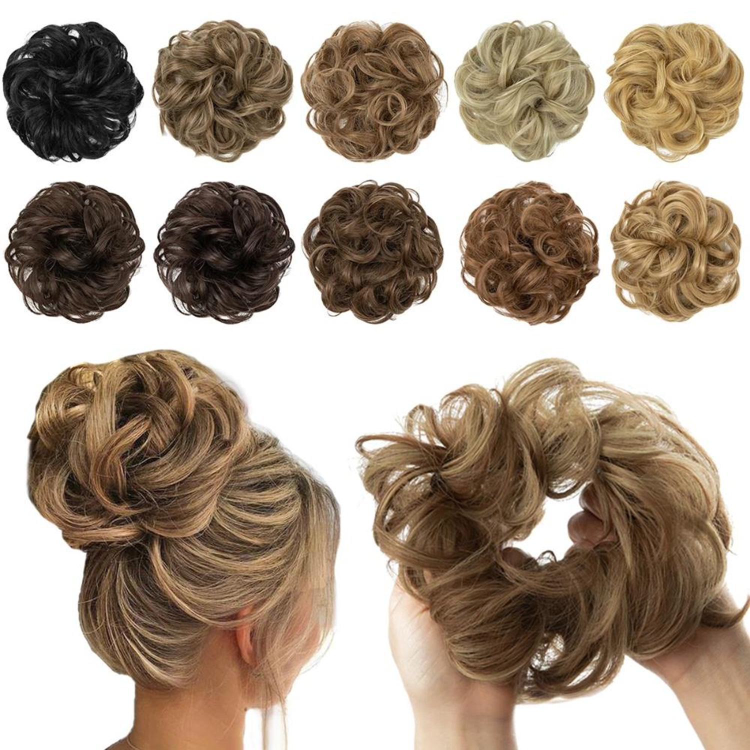 Allaosify สังเคราะห์ผม Bun ผู้หญิงธรรมชาติ Curly Messy Bun Hairpieces ผมสีชมพูสีแดงสีดํา Chignon ยาง Band