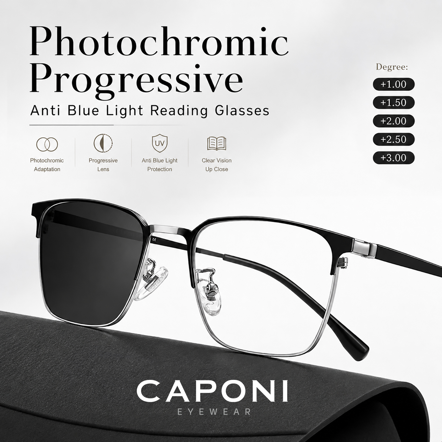 CAPONI – lunettes multifocales progressives pour hommes, en titane pur, anti-rayons bleus, dioptrie de +0 à +3.0, LH18999