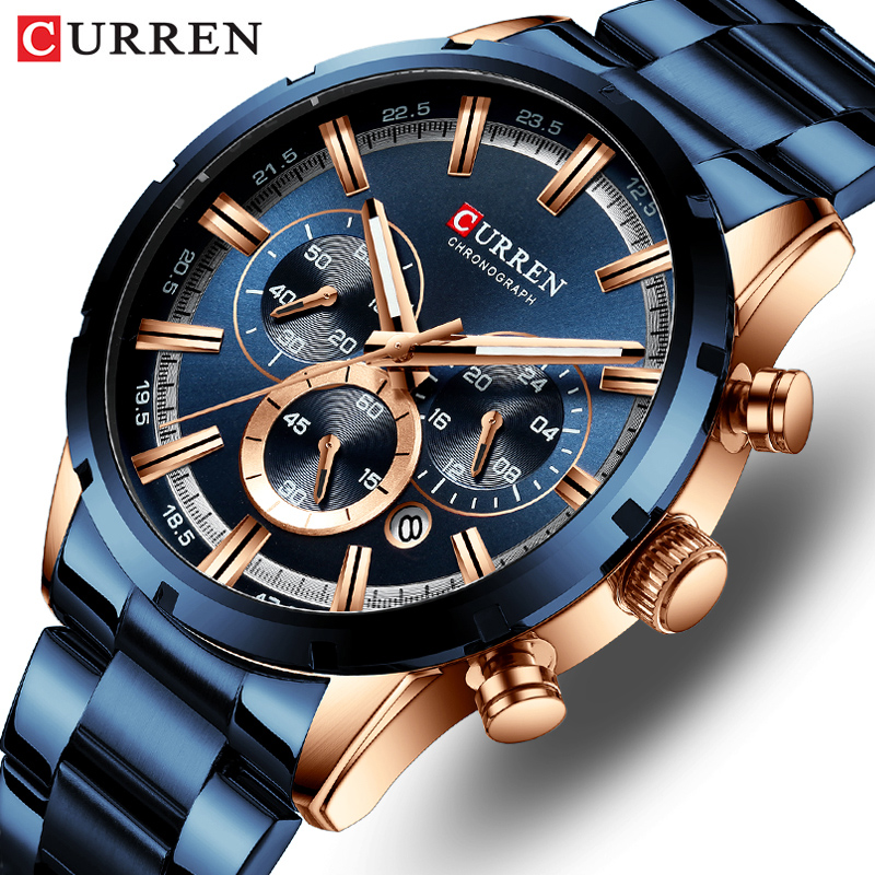 CURREN relógio de pulso masculino, relógio azul de aço inoxidável com pulseira data relógios luxuosos à prova d'água para homens de negócios