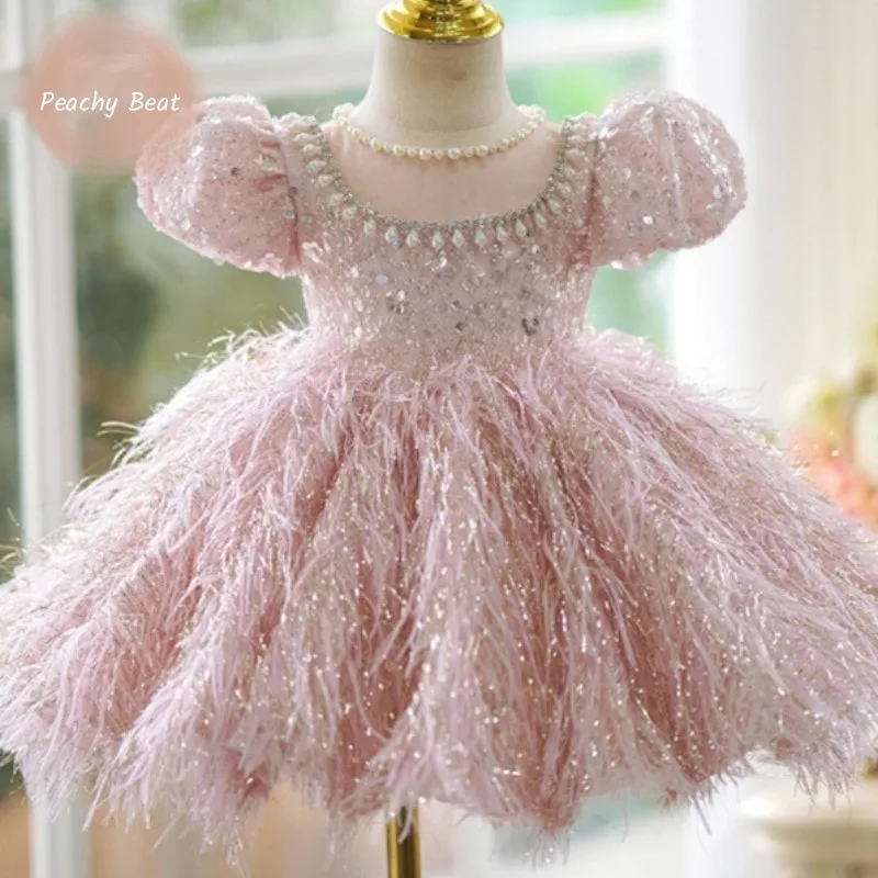 キッズプリンセスドレスガールズパーティードレススパンコールパフスリーブパールネックラインふわふわスカートフォーマルウェアパフォーマンス衣装誕生日C
