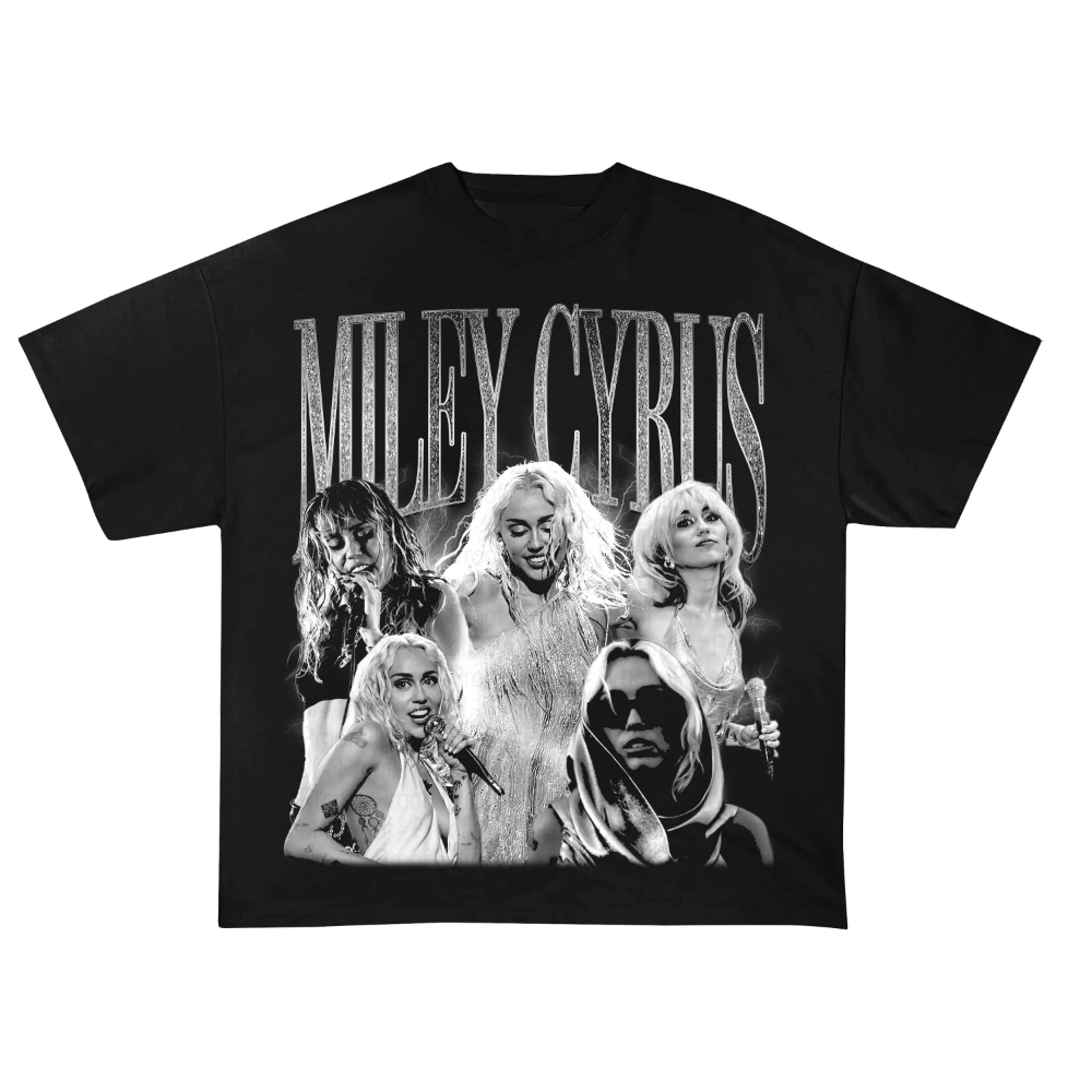 Miley Cyrus Kaus Retro 90S Hitam dan Putih Kaus Pria Pola Hip Hop Kaus Pria Katun Murni Kaus Jalanan Pasangan Sepanjang Musim