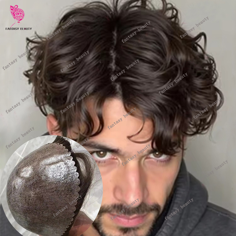 6 pulgadas de largo súper duradero 30mm ondulado hombre cabello humano Mico piel fina PU Base prótesis sistema barato capilar marrón oscuro peluquín para hombres
