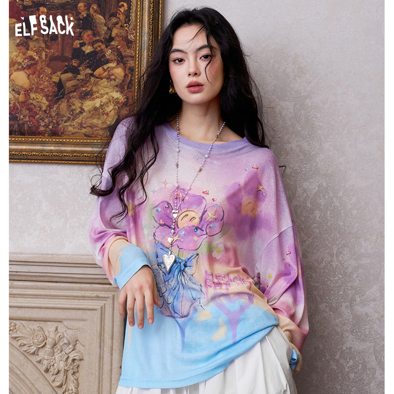 ELFSACK Übergroßes Oberteil mit floralem Pony-Print und Batikmuster, Gothic Court Strick-Langarmshirt, süßes, lässiges Alltagsshirt für Damen