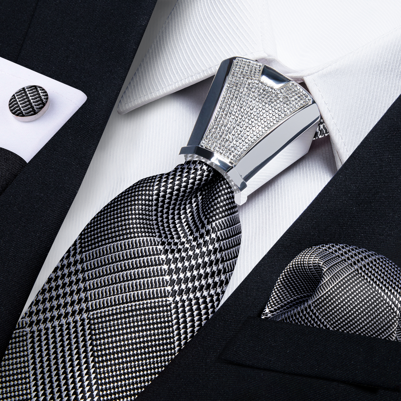 Dasi Sutra Mewah Perak Hitam Houndstooth untuk Pria dengan Gesper Dasi Perak Perancang Simpai Pria Set Dasi Kerudung Saku Persegi Hadiah Pria