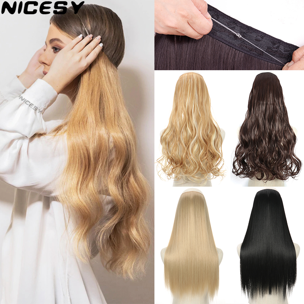 Nicesy วิกผมปลอมแบบไม่มีสายรัดผมสังเคราะห์ที่มองไม่เห็นผมที่ยืดผมยาวสีน้ำตาลดำสำหรับผู้หญิง