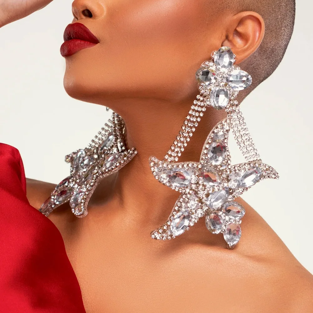 Luxo strass exagerado estrela do mar brincos oversize para as mulheres 2023 design geométrico cristal balançar brincos festa jóias