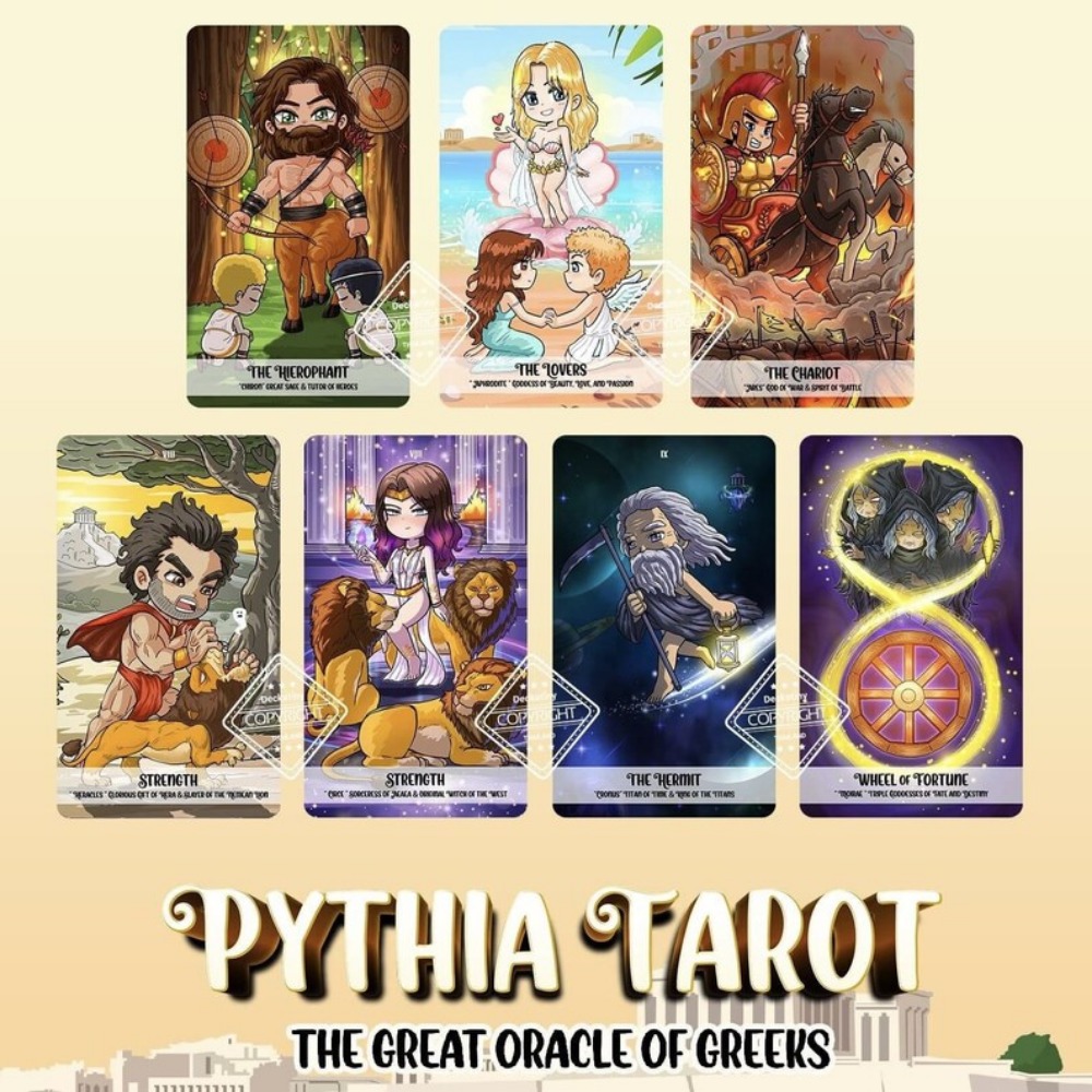 12*7cm Pythia Tarot |   Einzigartiges Indie-Tarot-Deck für Anfänger |   Die griechischen Götter |   Mythos Zeus Athena Hekate |   Niedlicher märchenhafter Cartoon