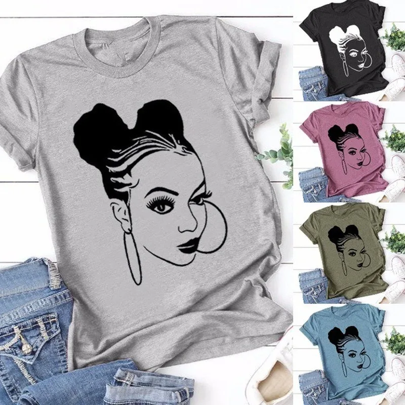 Maglietta con stampa ragazza africana Maglietta da donna manica corta O collo Maglietta allentata Maglietta estiva da donna Top Camisetas Mujer