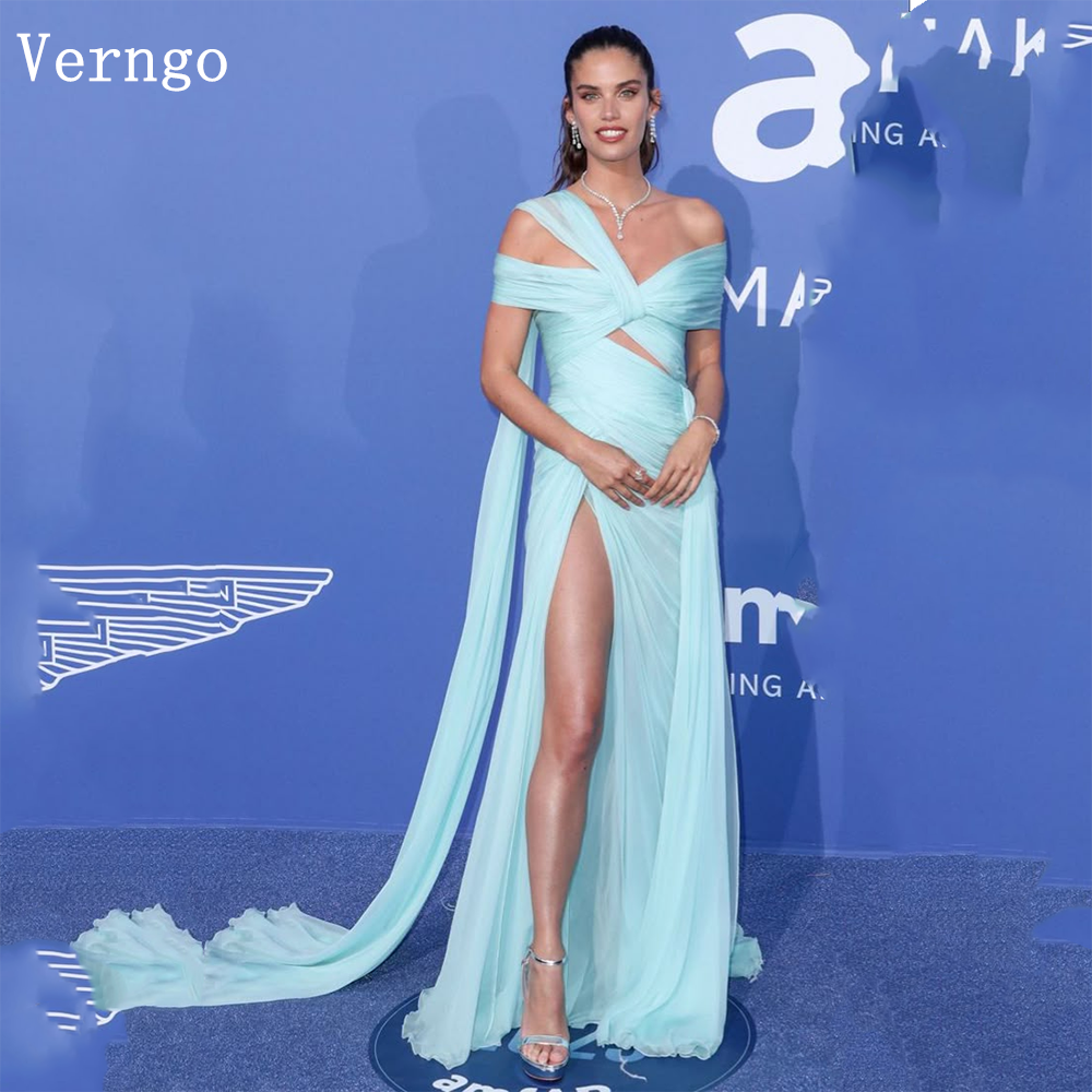 Verngo Sky Blue Chiffon Evening Dress One Shoulder A Line Side Slit Formal Occasion Dress Sexy Cut Out Prom Gown Customized