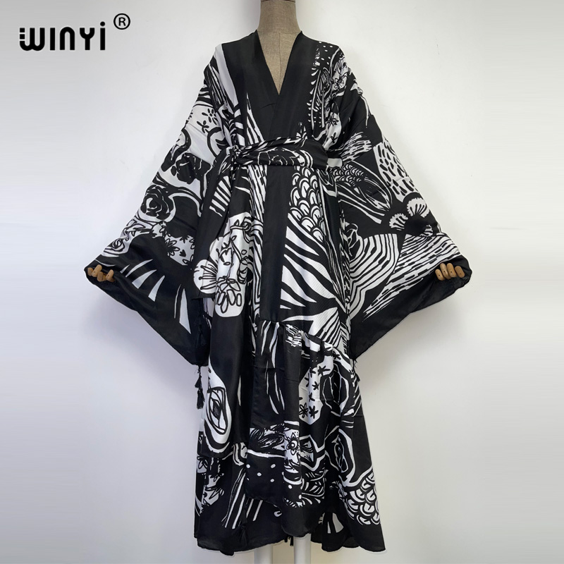 WINYI ผู้หญิง Kimono แฟชั่น Elegant วินเทจสีดำและสีขาวพิมพ์ Boho Caftan เอว Seal Abaya ชุดกระโปรงแขนยาว Casual Kaftan