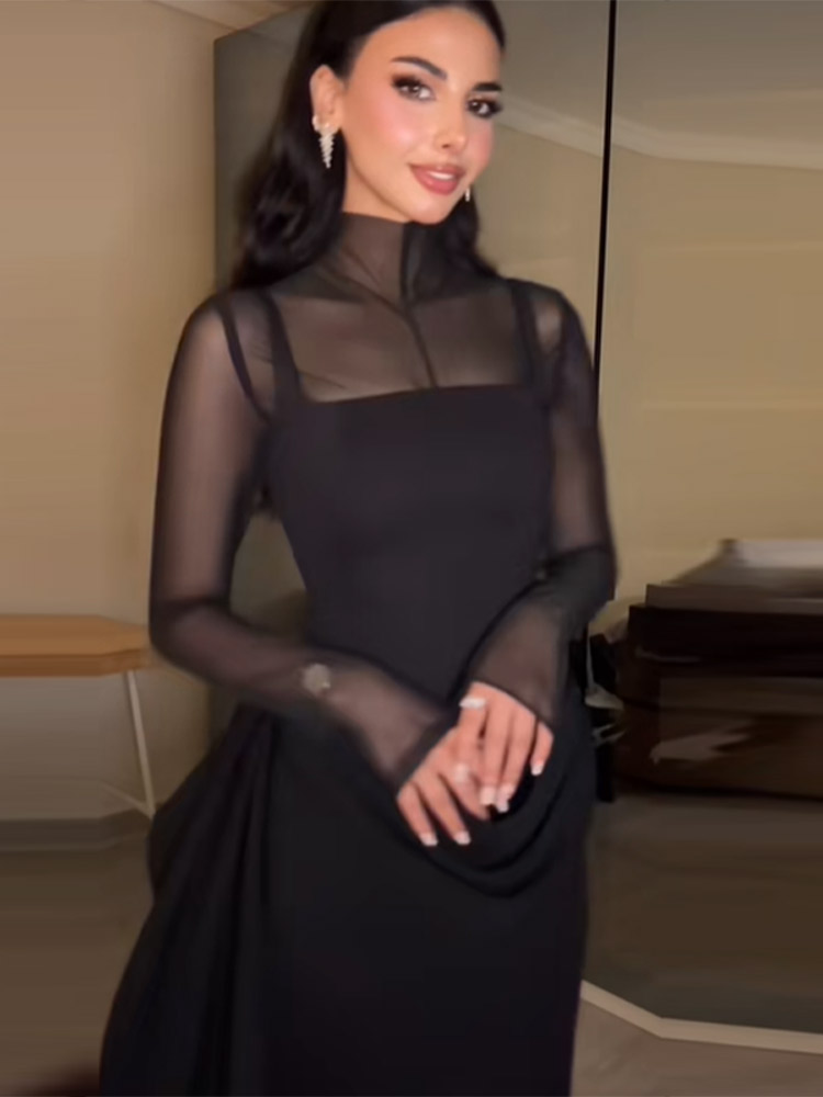 Elegante ragazza sexy prospettiva maglia abito da sera manica lunga squisita inserto in rete abiti da festa donna 2026 nuovo abbigliamento casual