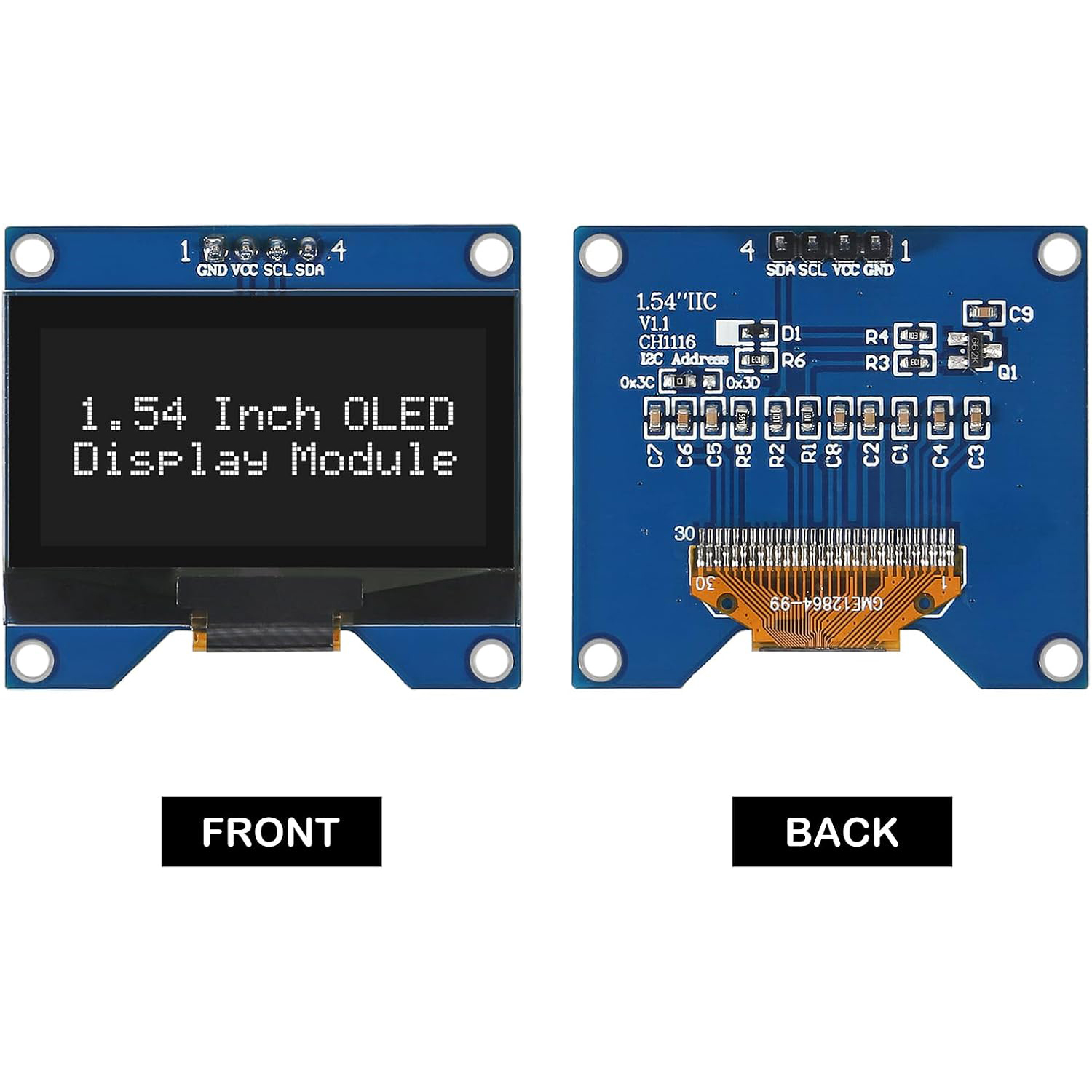 1,54 Zoll OLED-Modul 12864 128 x 64 SSD1309 Treiber IIC I2C Serielle Schnittstelle Selbstleuchtende Anzeigetafel für Raspberry Pi 4-polig