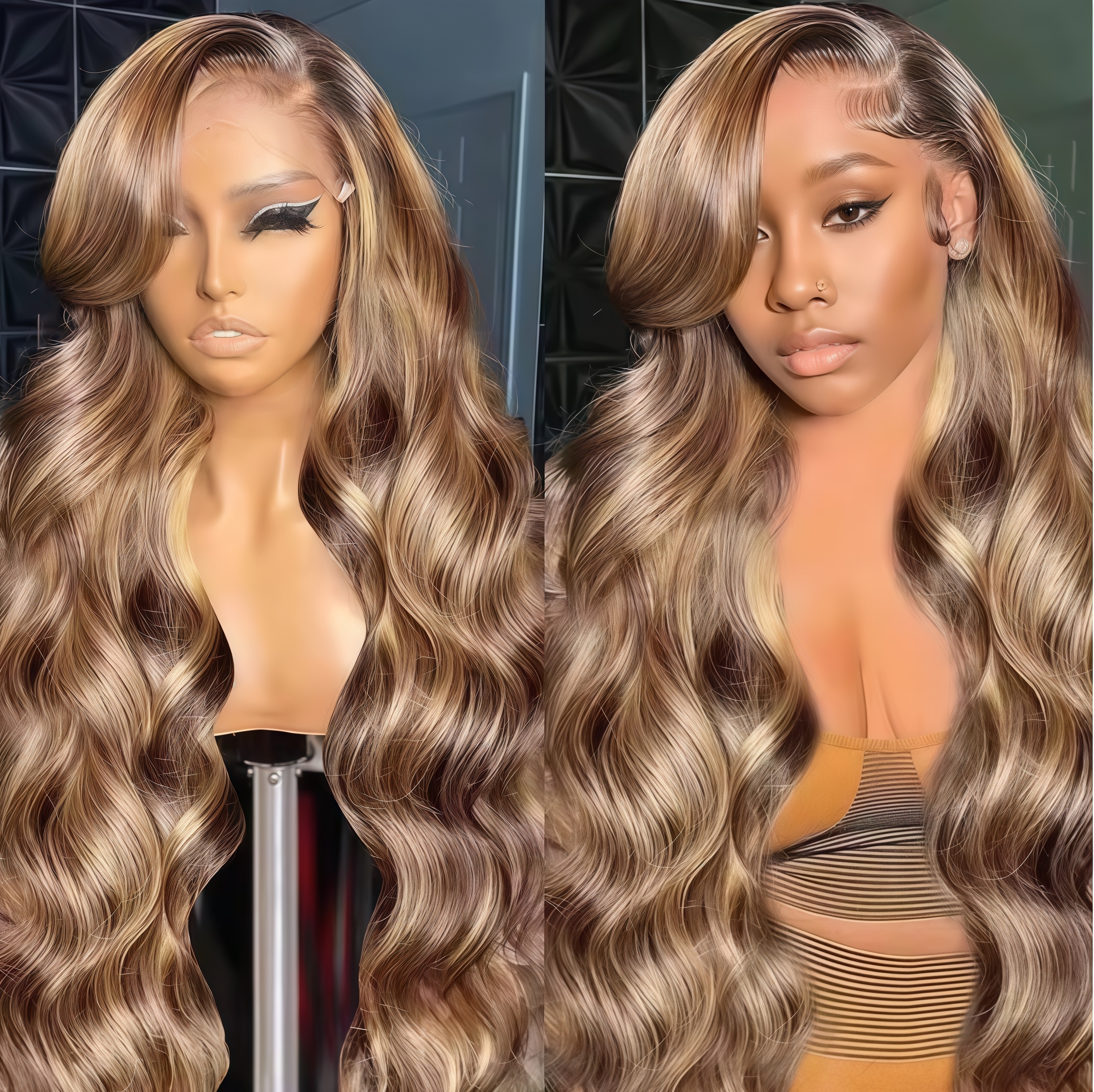 Peruka typu frontal z koronką HD, bez kleju, z pasemkami, wykonana z ludzkich włosów, ombre, kolor miodowy blond, peruki z ludzkich włosów, fala body wave dla kobiet, 13x6, 5x5, 4x4