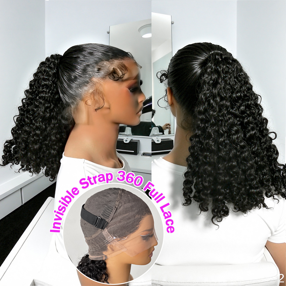 Peruka z włosów naturalnych, kręcone, gęstość 250%, z niewidocznym paskiem Invisi Strap, pełna peruka typu lace frontal 360, niewidoczny sznurek, głęboka fala, peruki typu lace front dla kobiet.