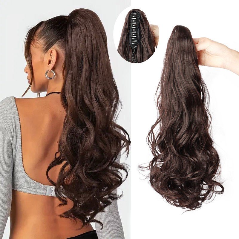 สังเคราะห์ Long CURLY WAVE ผมหางม้า Claw คลิปใน Hair EXTENSION สีดําสีน้ําตาล Hairpiece สําหรับผู้หญิง
