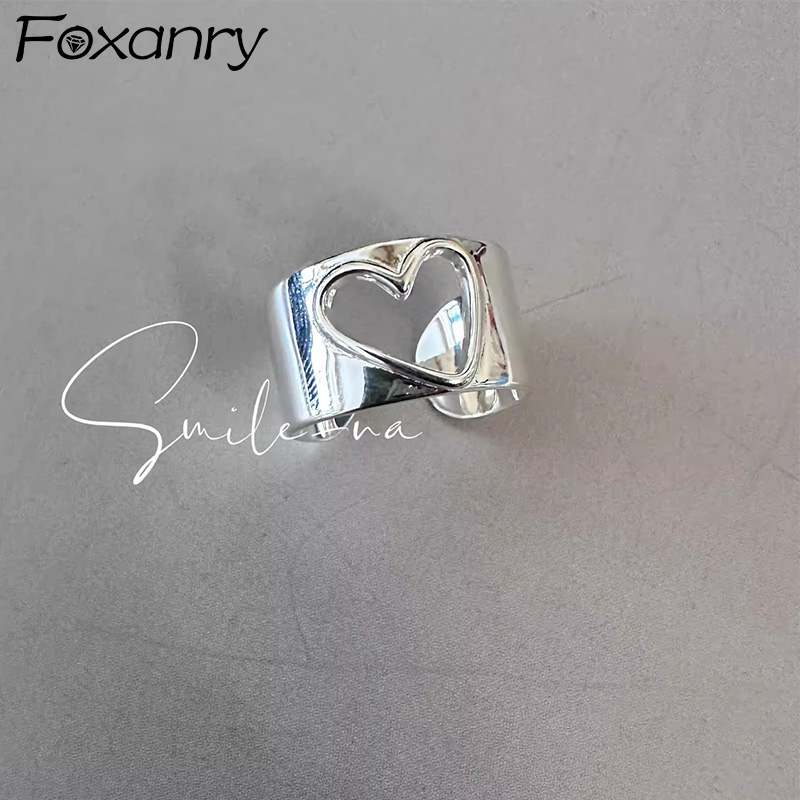Foxanry cincin lebar hati cinta berongga wanita, untuk pasangan gaya Korea sederhana kreatif klasik elegan hadiah perhiasan pesta harian