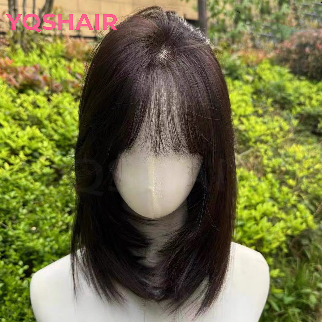 Wig Rambut Asli Eropa Virgin 6x6 inci dengan Poni, Siap Pakai, Wig Silk Top dengan Lapisan Depan PU untuk Wanita