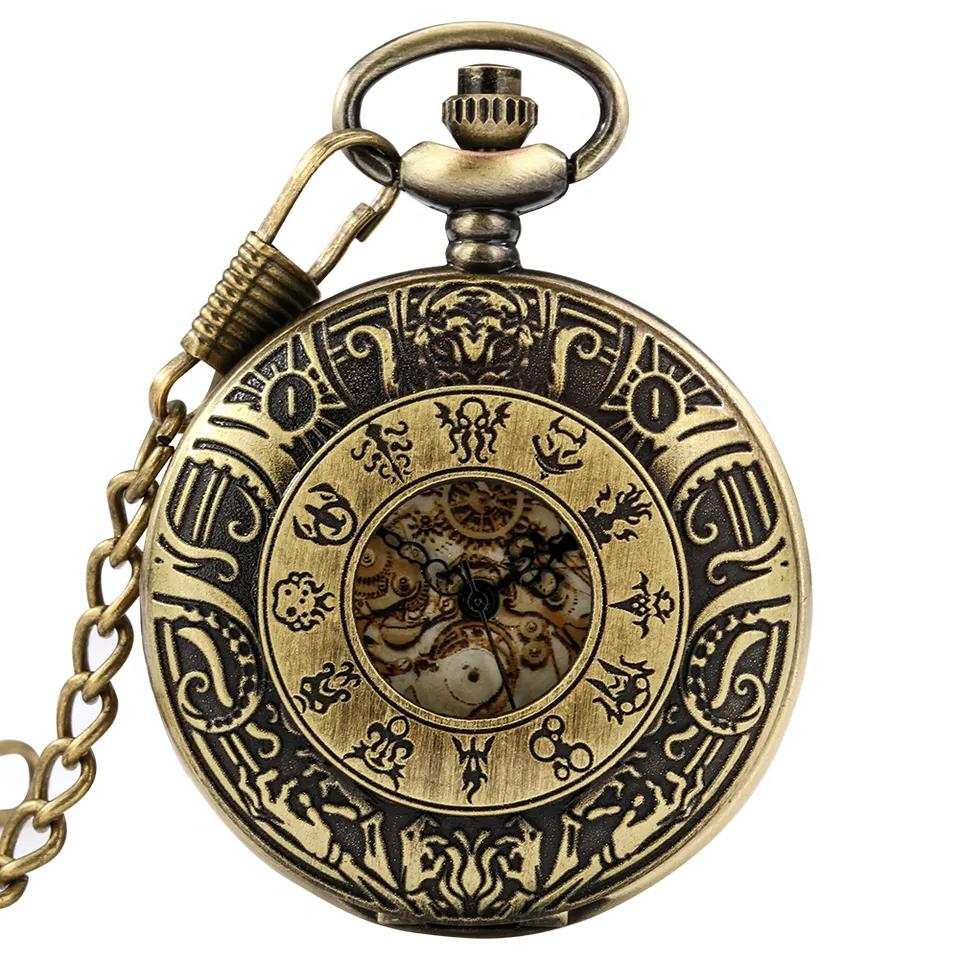 Cthulhu Mechaniczny Zegarek Kieszonkowy Vintage Steampunk Otwierana Pokrywa Kolekcjonerski z Łańcuszkiem Jeansowym i Pudełkiem - Antyczna Miedź/Czarny/Złoty