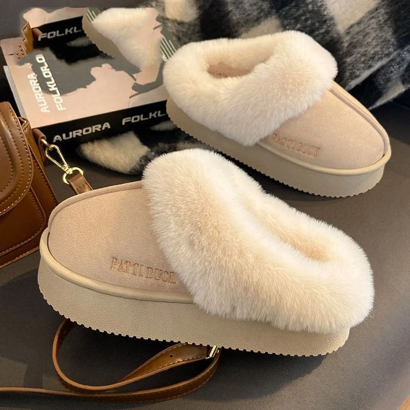 Fuhong Chen 2025 New Women's Fur Slippers Thi Bot Covered Toe Leather And Fur Inteated Snow Boots Indoor Outdoor Slippers