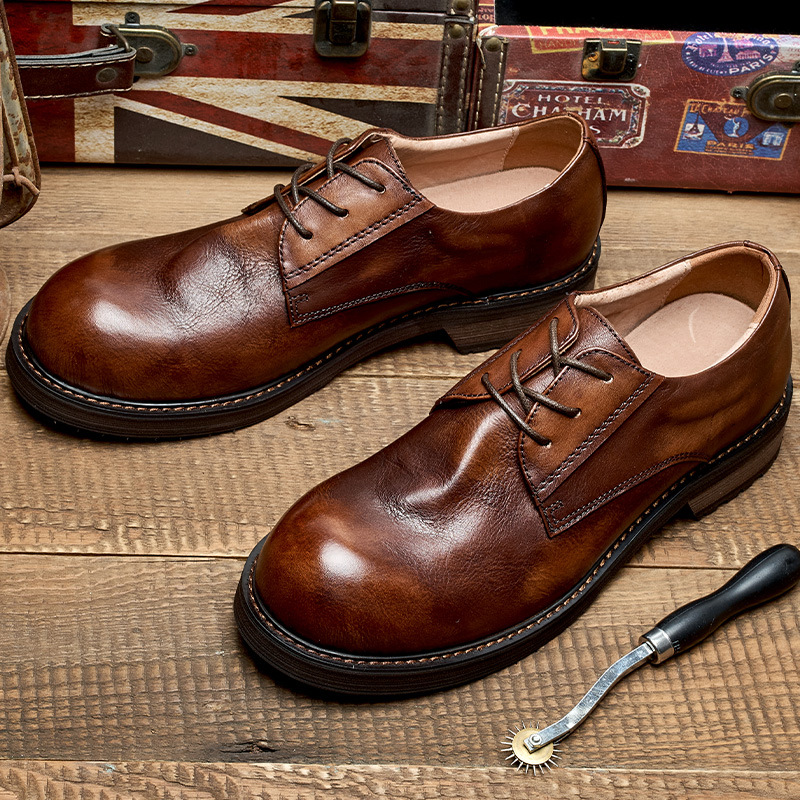 Chaussures décontractées en cuir faites à la main, Vintage britannique, bout rond, chaussures d'affaires en cuir souple, chaussures de mariage pour hommes, vêtements de travail