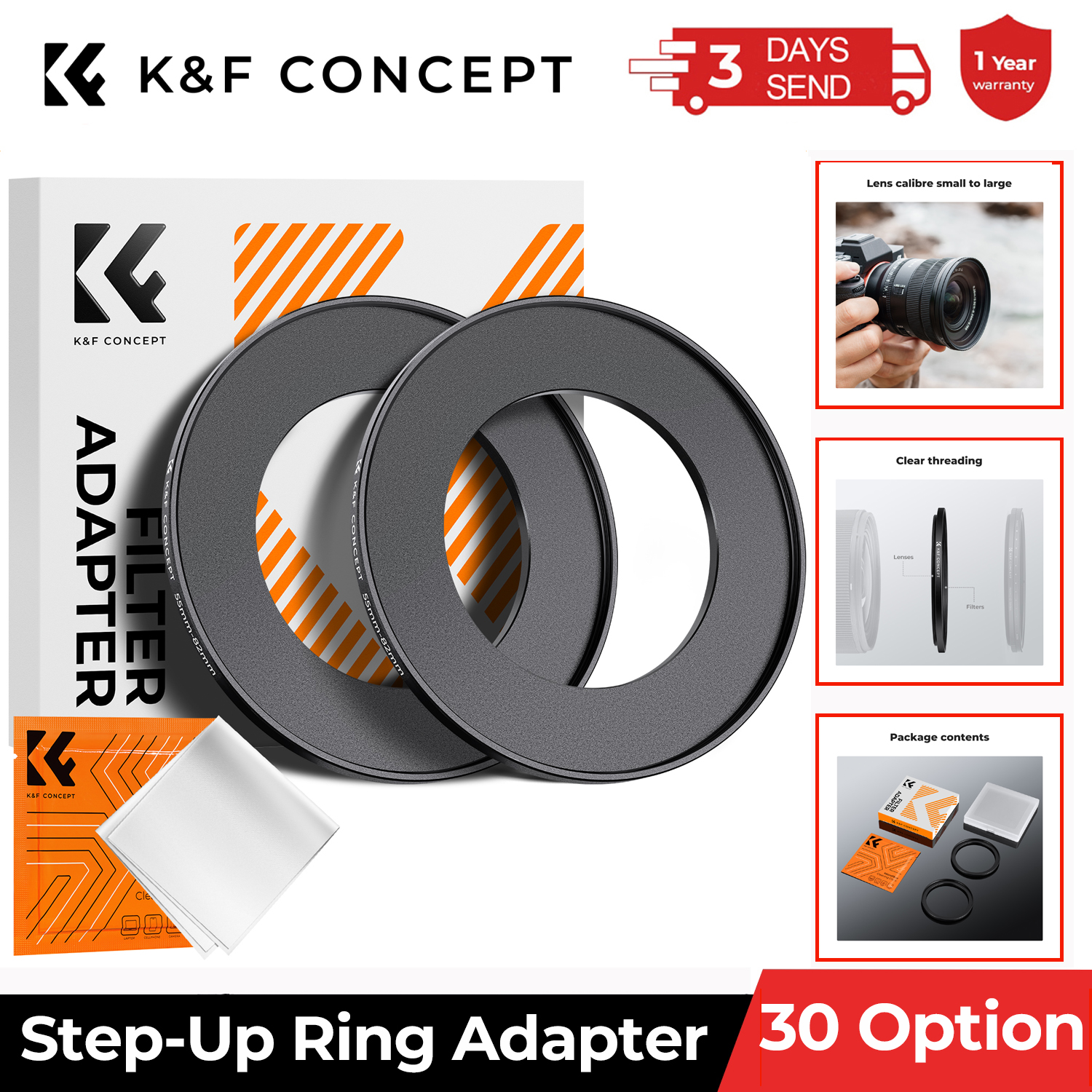 Кольцо-адаптер K&F CONCEPT Step Up из авиационного алюминия, 2 шт., с салфеткой для чистки, для фильтров ND, CPL, UV для объективов