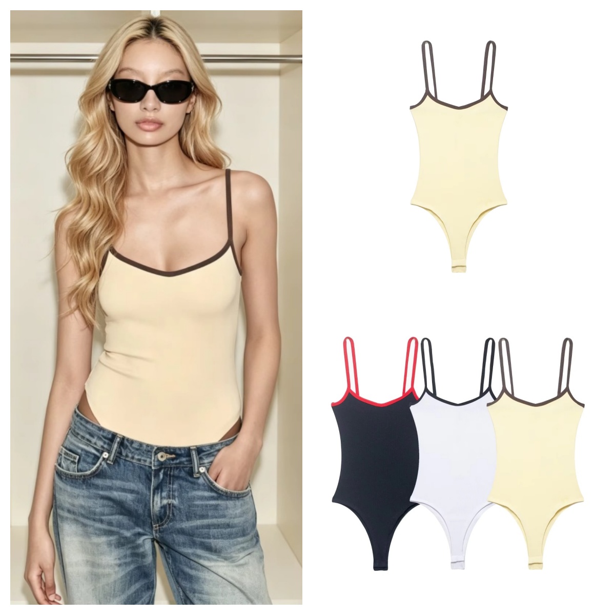 Macacão Feminino 2026 Verão Novo Estilo Fofo Hot Girl Moda Gola Redonda com Detalhes em Bloco de Cores e Alças em Tecido de Algodão Misto