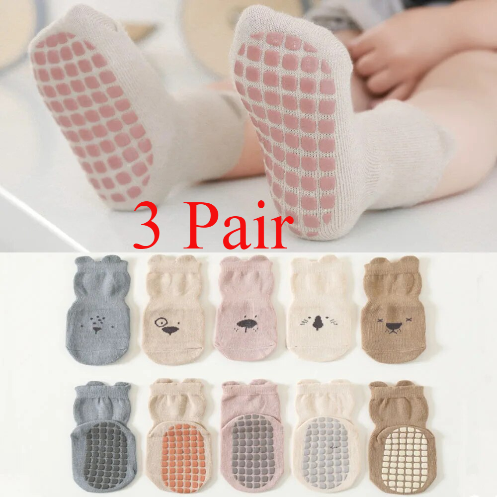 3/5 pares de meias de chão antiderrapantes com padrão de animais adoráveis para bebês, meias casuais respiráveis para meninos e meninas, crianças, atividades internas