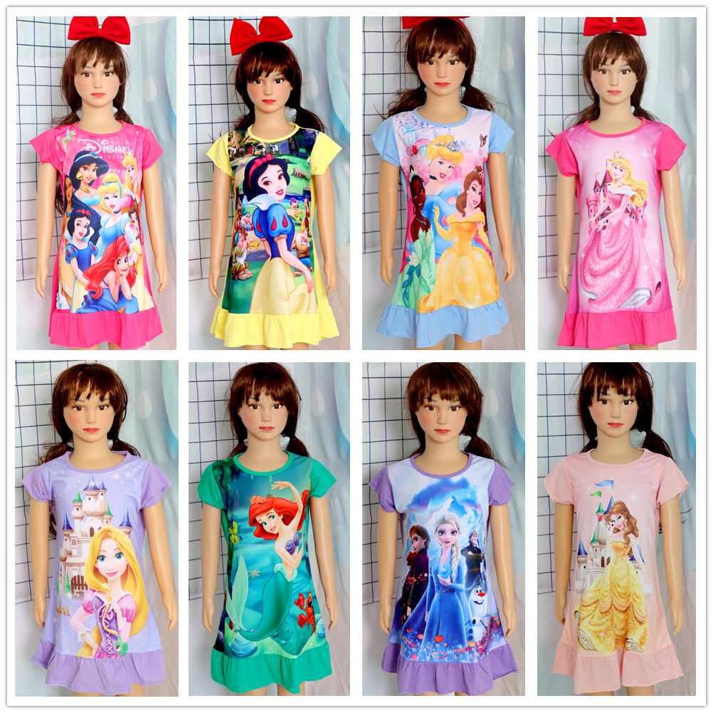 3-8years novo verão crianças dos desenhos animados vestido sleepwear sereia princesa belle meninas impressão camisola crianças vestidos de festa pijamas