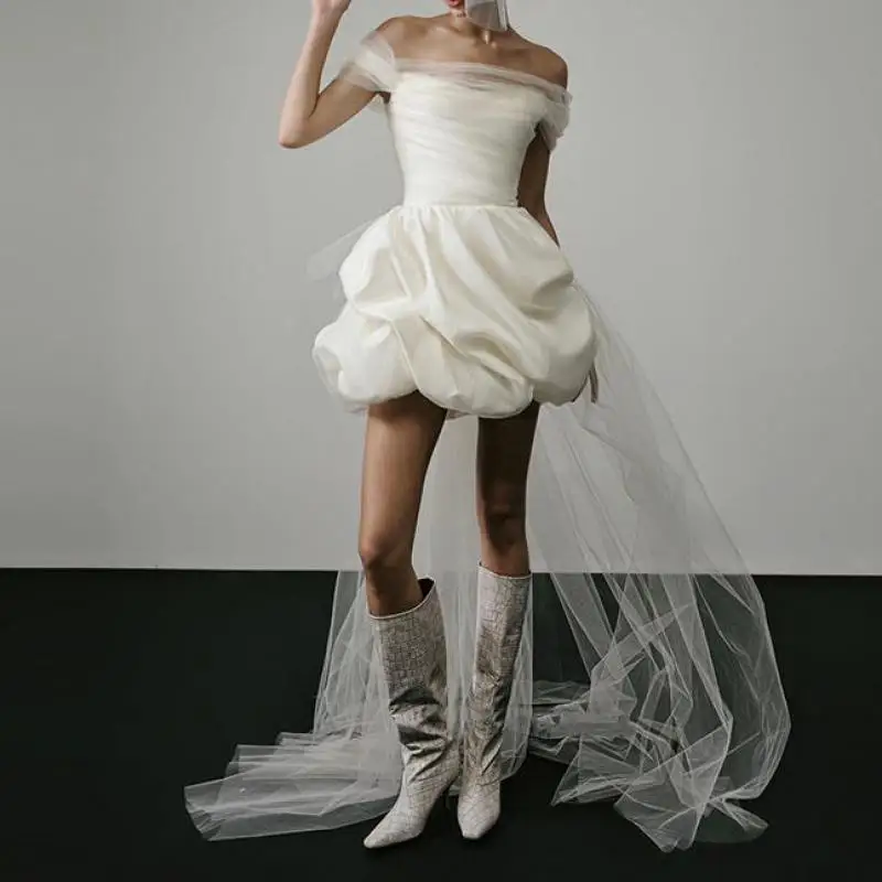Robes de mariée légères et élégantes pour femmes, Mini robe de mariée blanche et Sexy avec traîne en maille, robes de fête de luxe, nouvelle collection