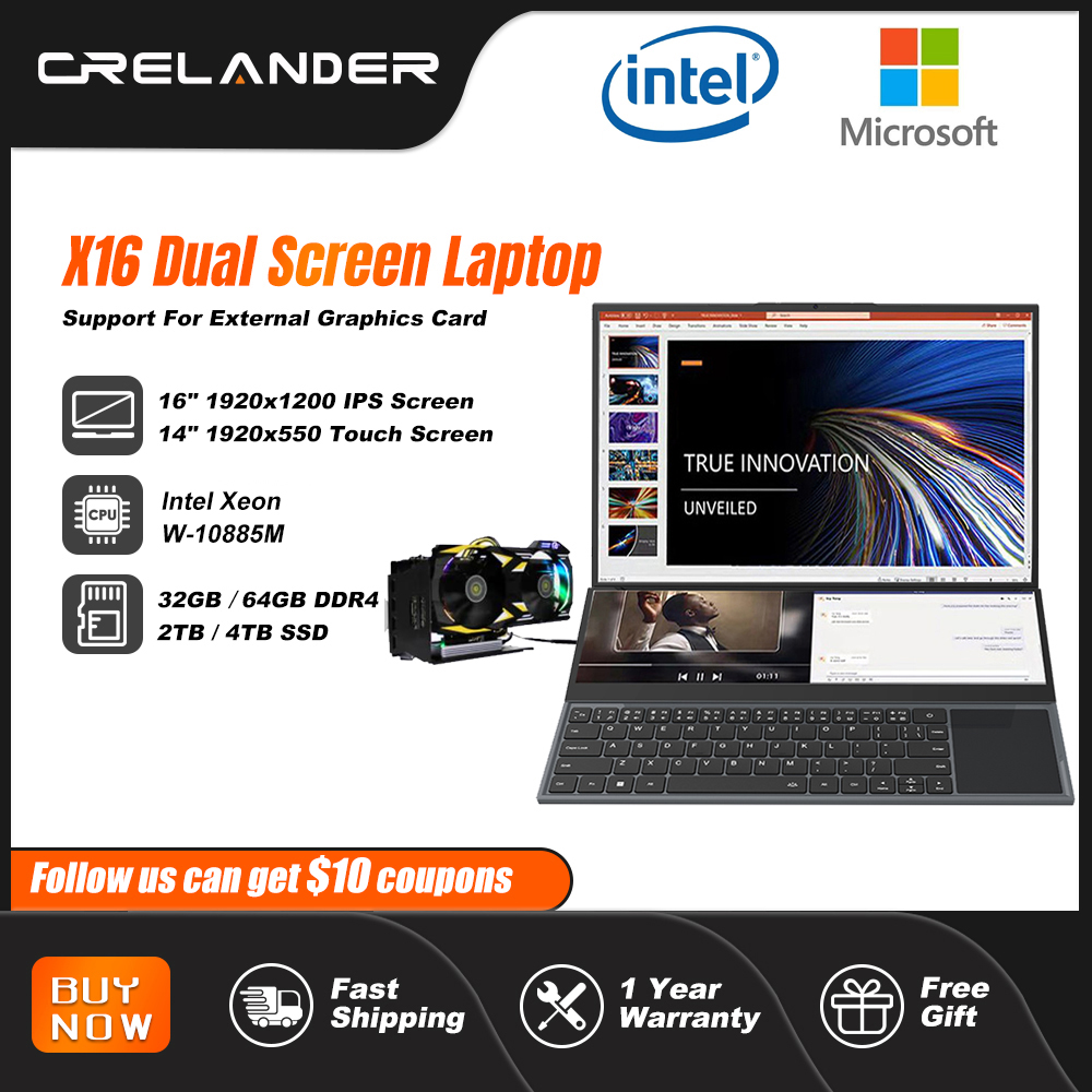 CRELANDER Podwójny ekran Laptop 16-calowy 14-calowy ekran dotykowy Intel Xeon W-10885M M2 SSD Komputer przenośny laptop do gier
