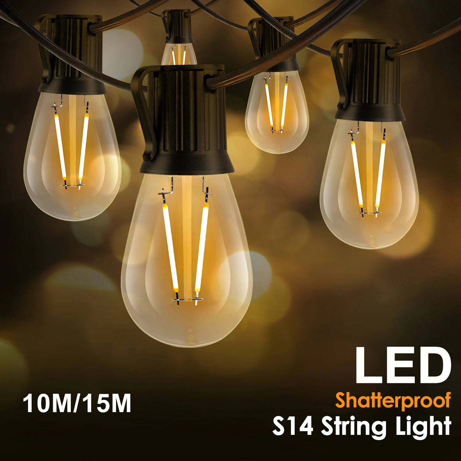 Sphoon 50ft s14 led guirlanda luz da corda plugue da ue 220v lâmpada de plástico inquebrável 1w 2w e27 retro decoração ao ar livre pátio luz de fadas