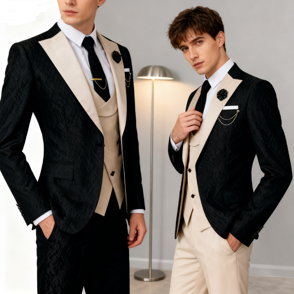 3-częściowy garnitur męski slim fit, elegancki, biznesowy, smoking dla pana młodego na wesele, studniówkę - zestaw: marynarka, kamizelka, spodnie