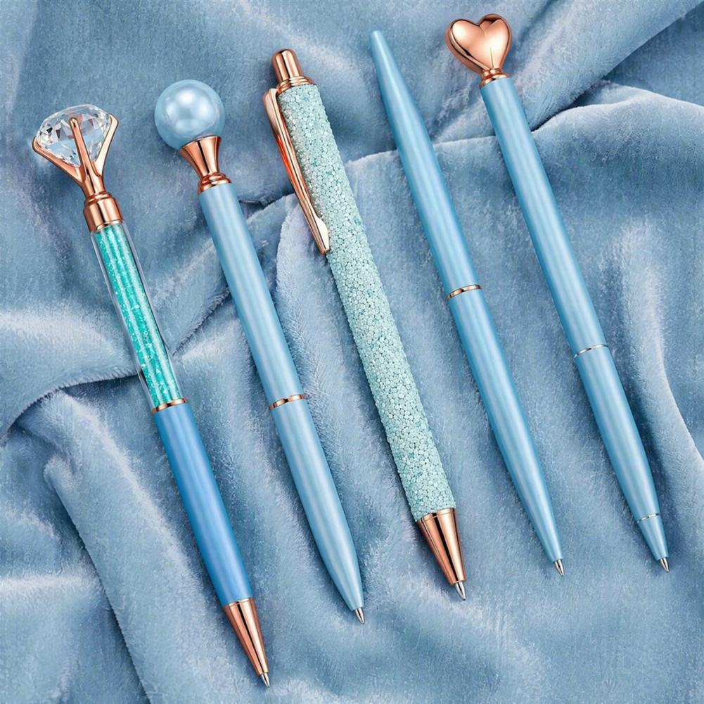 5PCS Metal Ballpoint Pens with Sparkling Rhinestone Decor,High-end Electroplated Pen Smooth Press for Kids Adults Stationery