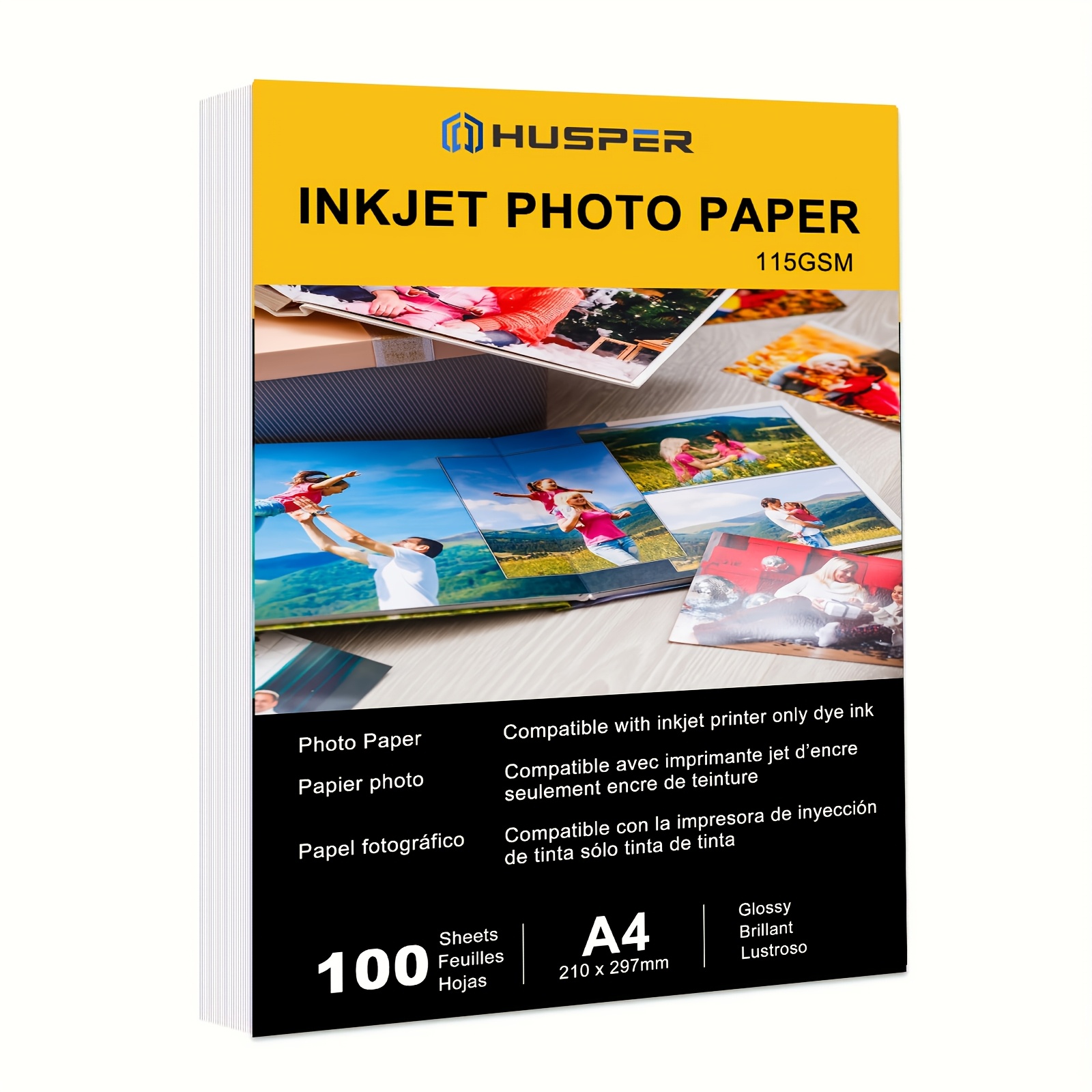 HUSPER A4 100 枚 115GSM サイズ (210×297mm) プリンター用 写真プリンター用紙 光沢のある白い写真品質のプリンター用紙