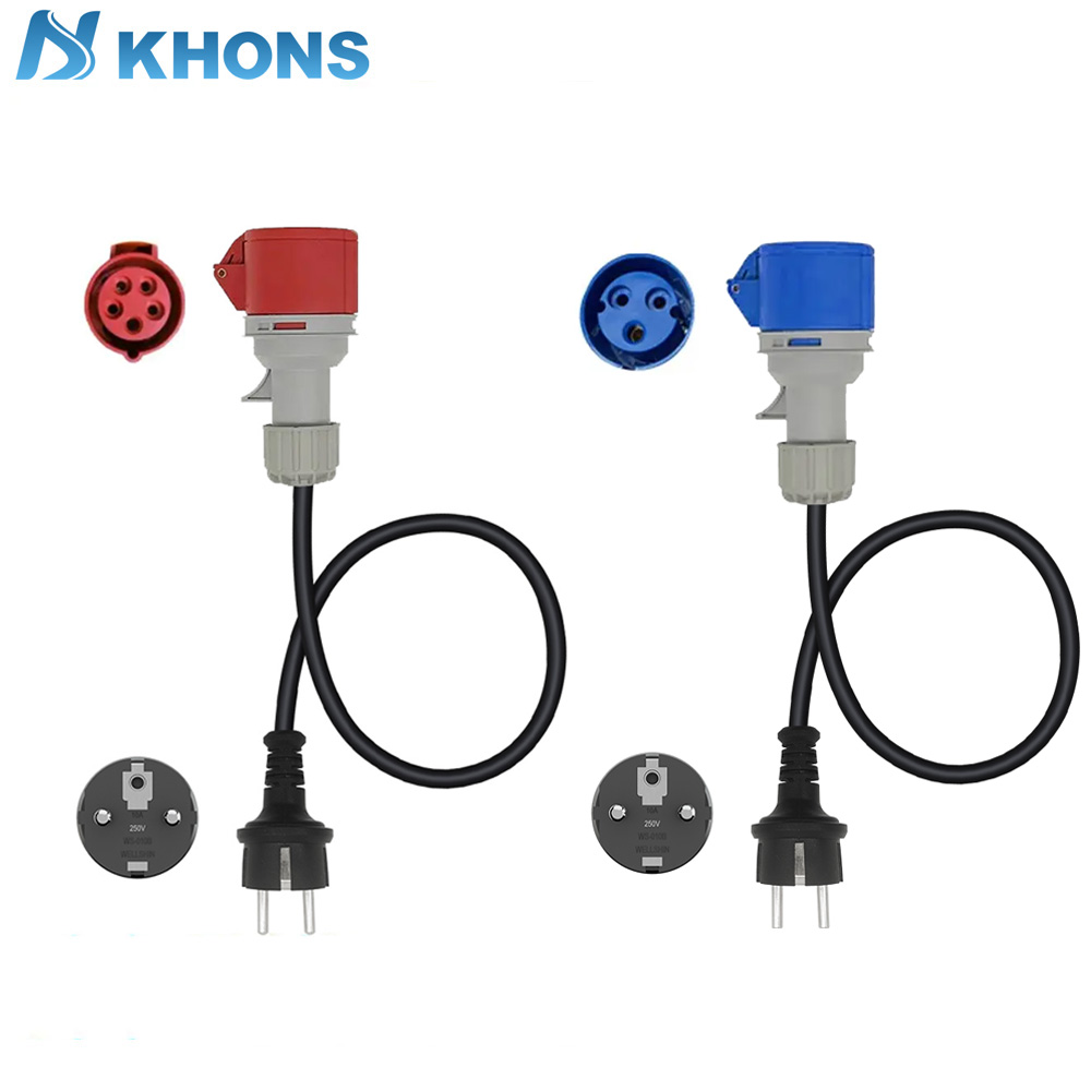 Pengisi daya EV steker Schuko ke CEE steker betina merah 32A adaptor 3 fase steker betina 32A biru konektor 32A ke konektor Schuko16A