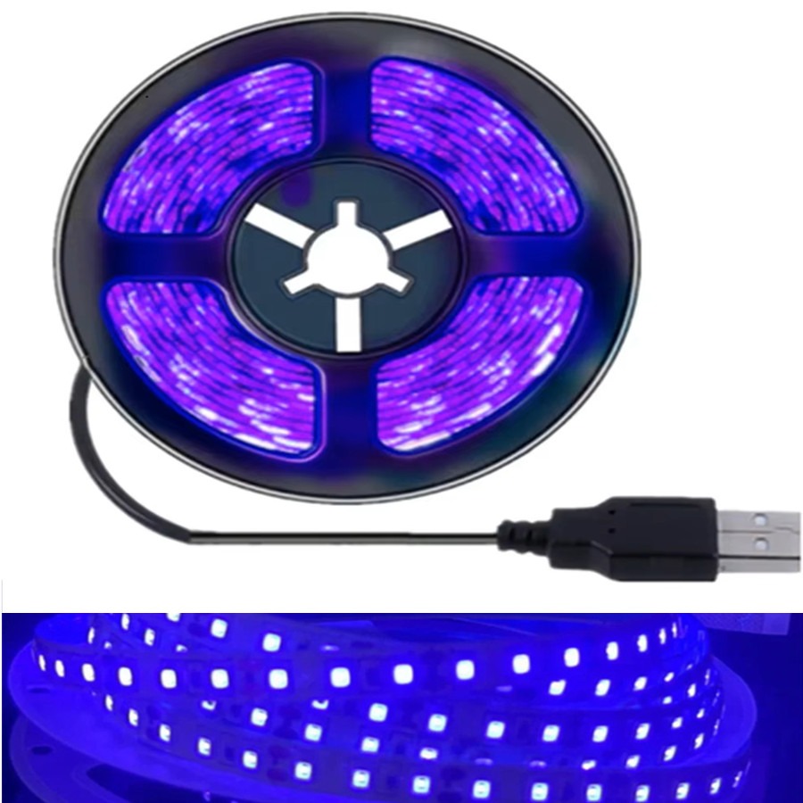 Tira de luces LED UV 2835 SMD DC 5V 5M ultravioleta 385-400nm luz negra lámpara UV cinta LED Flexible para fiesta fluorescente brillante